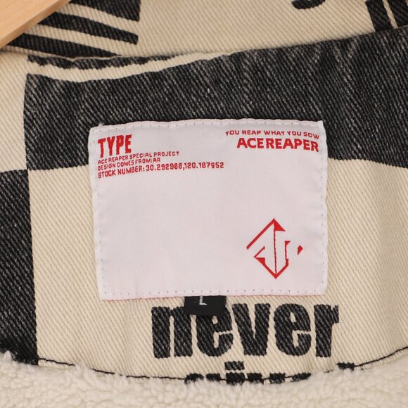 ACE REAPER Black/Off-White Checkerboard Graphic Print Denim Fleece Lined Jacket - Picture 7 of 9